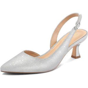 Women's Pointed Toe Kitten Heels Pump Shoes Silver